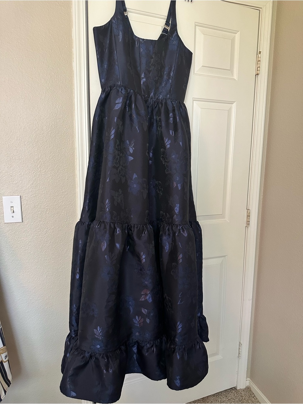 V. Chapman Navy Floral Satin Tiered Formal